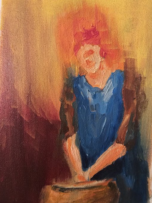 An expressionist oil painting of a seated figure in a blue shirt with a fiery red-orange head against a warm-toned background.