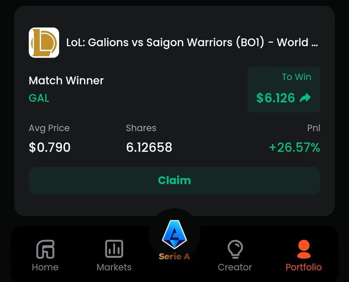 A mobile app screenshot showing a winning bet on a League of Legends match 'Galions vs Saigon Warriors (BO1)' for Match Winner GAL, with a $6.126 to-win payout, 6.12658 shares at an average price of $0.790, and a +26.57% profit.