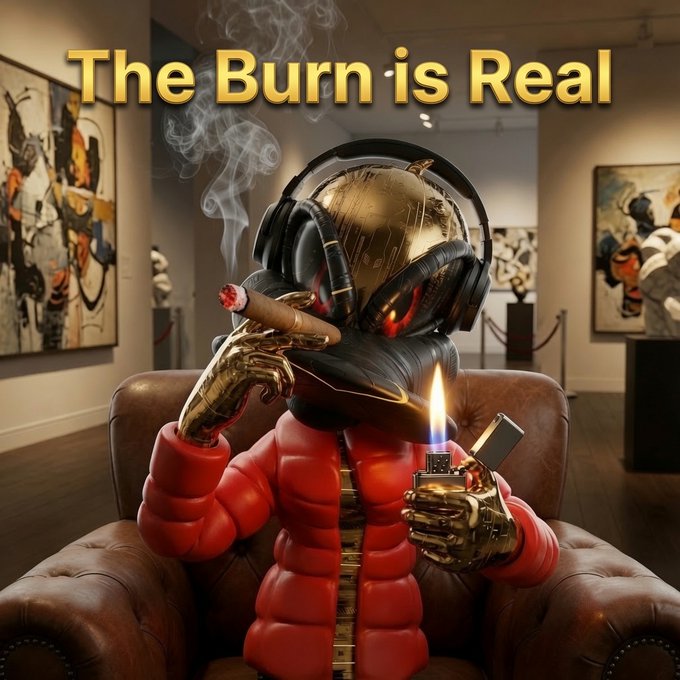A stylized digital artwork or meme featuring a robotic figure with a golden metallic head wearing headphones and a red puffer jacket, smoking a cigar and holding a lighter, with the text 'The Burn is Real' displayed at the top.