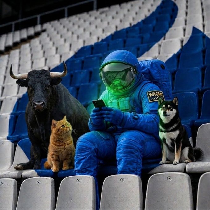 An astronaut in a blue suit, along with a bull, a cat, and a dog, sits in stadium seats looking at a phone, featuring a "WAGMI" patch. This image visually represents a group of loyal companions or investors, hinting at the post's sentiment about those who have remained steadfast.