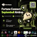 Promotional graphic for the "Fortune Connect Septemberbull Airdrop" featuring a cartoon bull character and event details for the Fortune Protocol's offline event in Indonesia. The image aligns with the post's recap by showcasing the event's branding, with a QR code, over 70 attendees mentioned, and details on the bull-themed airdrop celebrating Fortune Protocol's community gathering.