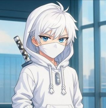 An anime-style avatar with white hair, blue eyes, and a face mask wearing a white hoodie, featuring a katana handle visible over one shoulder, set against a bright window background. The image serves as a profile picture (pfp) that matches the workstation theme referenced in the post.