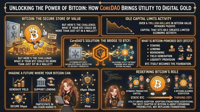 An infographic titled 'Unlocking the Power of Bitcoin: How CoreDAO Brings Utility to Digital Gold,' explaining CoreDAO's role as a bridge to BTCfi by extending Bitcoin's utility beyond just a passive asset through staking, lending, and yield generation.