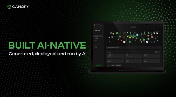 Canopy promotional graphic reading 'BUILT AI-NATIVE: Generated, deployed, and run by AI,' showing a dashboard interface with connected nodes on a laptop.