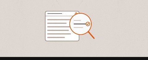 A simple line-art icon on a beige background showing a document with text lines and a magnifying glass highlighting a checkmark.