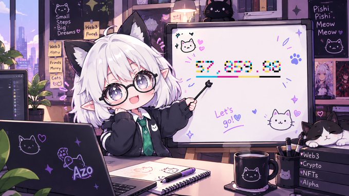 A colorful anime-style illustration shows a white-haired cat-eared character with glasses presenting a digital board marked “7.889.00,” surrounded by cat-themed notes, a laptop, a mug, and desk items.