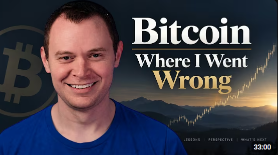 The image is a YouTube thumbnail featuring Benjamin Cowen with the title "Bitcoin: Where I Went Wrong," scheduled for 33:00, matching the post about his video analyzing his past Bitcoin predictions and the October dip scenario.