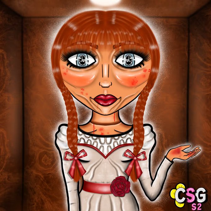 A digital illustration of a doll-like girl with red braided hair, freckled face, and a white dress with red bows and a rose belt, set against a brown wooden background with 'CSG S2' text in the corner.