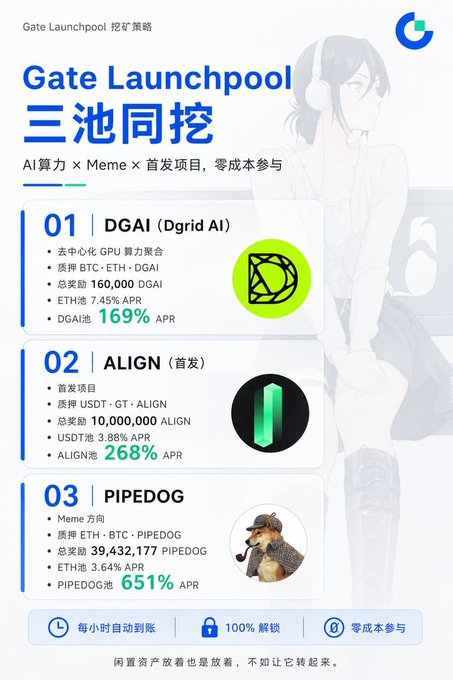 A 'Gate Launchpool' mining strategy page highlighting three projects: DGAI (Dgrid AI) with 169% APR, ALIGN at 268% APR, and PIPEDOG at 651% APR.