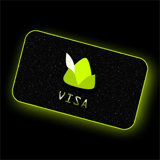 A stylized black card or logo with a bright green-yellow glowing border, featuring a green lotus-like symbol with a white feather and the text 'VISA'.