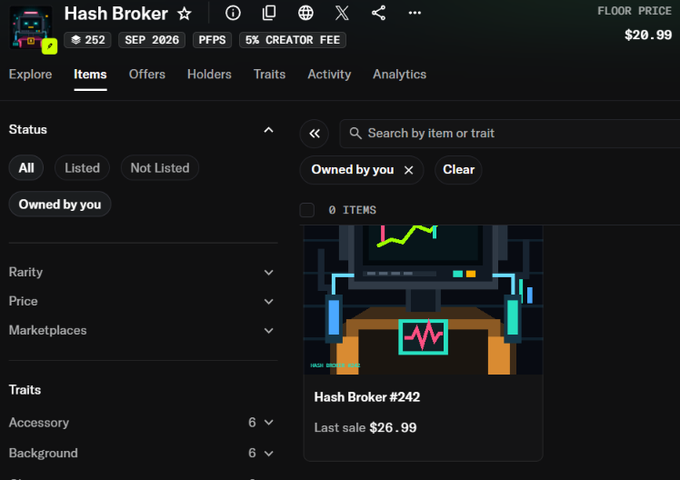 A screenshot of the 'Hash Broker' NFT marketplace displays pixel art items with statistics like 'FLOOR PRICE $20.99' and 'PPFS 5%'.