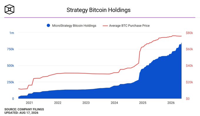 Chart titled 'Strategy Bitcoin Holdings' showing MicroStrategy's Bitcoin holdings (blue area) rising to ~900k BTC with average purchase price (red line) climbing from ~$15k to ~$80k, sourced from company filings, updated Aug 17, 2026.