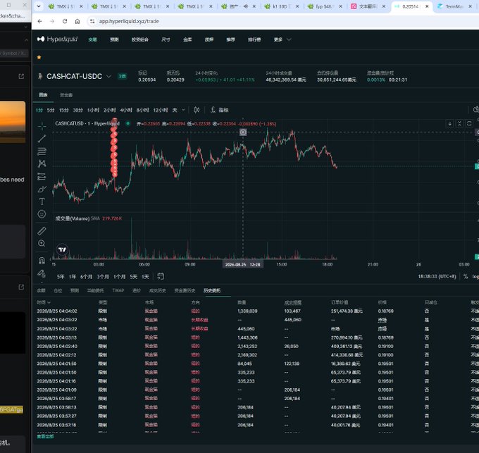 A Hyperliquid trading interface displays a 1-hour chart for CASHCAT/USDC showing a sharp price spike and subsequent decline, with order book and trade history visible below.