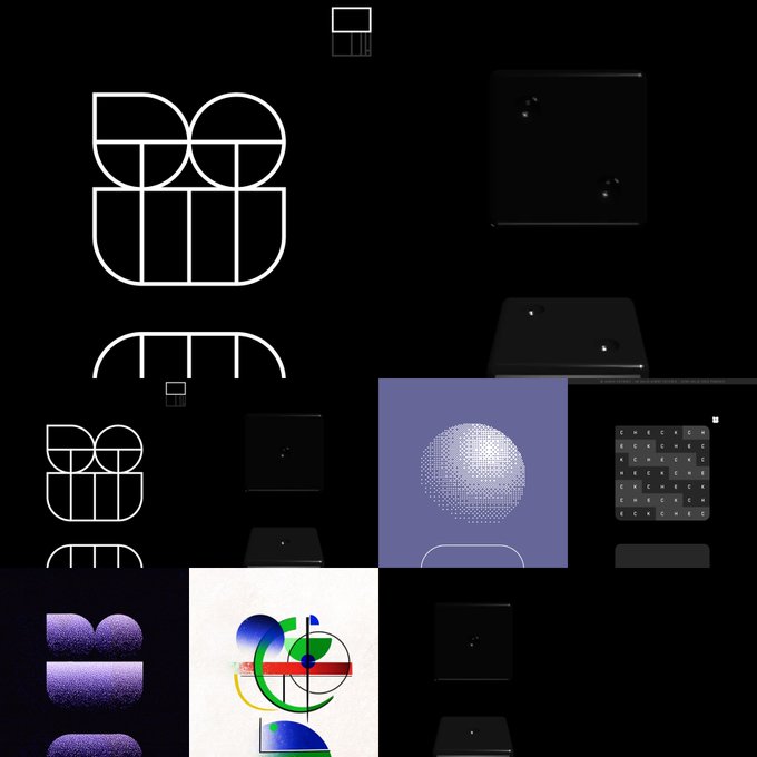 A collection of minimalist graphic designs featuring black backgrounds with white line-art typography, abstract shapes, and a purple square containing a sphere made of dots.