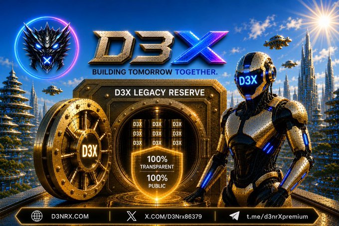 A promotional graphic for 'D3X LEGACY RESERVE' featuring a robotic figure, a vault with D3X tokens, and the slogans 'BUILDING TOMORROW TOGETHER', '100% TRANSPARENT', and '100% PUBLIC'.