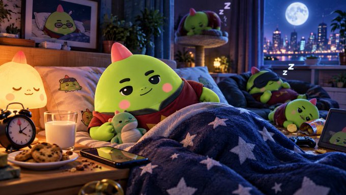 An illustration of a green character with a pink party hat sleeping in a cozy bed surrounded by smaller similar creatures, a night lamp, cookies, and a full moon outside.