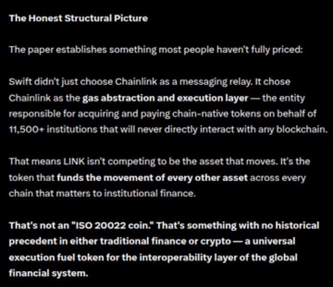 A text excerpt titled 'The Honest Structural Picture' discussing how Swift chose Chainlink as a messaging relay and execution layer, arguing that LINK token serves as a universal execution fuel for institutional finance.