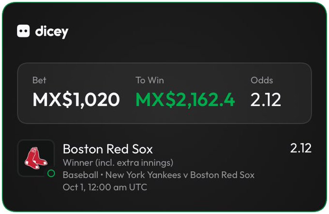 A 'dicey' betting slip shows a MX$1,020 bet on the Boston Red Sox to win against the New York Yankees, with 2.12 odds.
