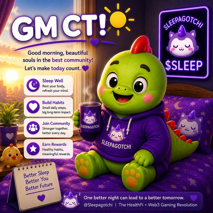 A cheerful green dinosaur mascot wearing a "SLEEPAGOTCHI" hoodie sits on a purple star-patterned bed holding a branded mug, surrounded by a morning scene featuring the "GM CT!" headline, "$SLEEP" neon sign, and a checklist emphasizing "Sleep Well," "Build Habits," "Join Community," and "Earn Rewards" with a notepad reading "Better Sleep Better You Better Future." The image directly complements the post's message about Sleepagotchi's focus on consistent healthy habits and the $SLEEP ecosystem, visually reinforcing the theme that small daily habits like better sleep build toward a stronger community.