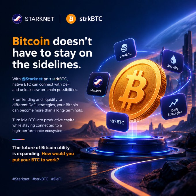 A Starknet promotional graphic featuring 'Bitcoin doesn't have to stay on the sidelines' with strkBTC, highlighting DeFi utilities like Lending, Liquidity, and DeFi Strategies around a gold Bitcoin coin.