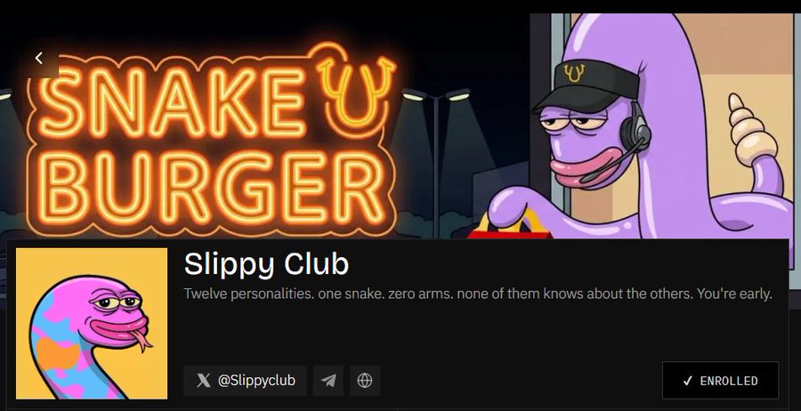 A promotional image for 'Slippy Club' featuring a neon 'SNAKEY BURGER' sign and a purple cartoon snake character wearing a headset and black cap with a logo, with text reading 'Twelve personalities. one snake. zero arms. none of them knows about the others. You're early.' and an 'ENROLLED' button.