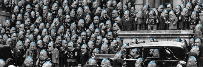 A black and white historical photograph of a large crowd of men in suits and hats gathered in tiered seating, with many blue circular markers overlaid on their heads, and a vintage black automobile visible in the lower right corner.