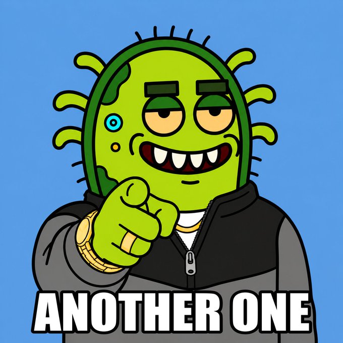 A cartoon character with a green pickle-like head, sharp teeth, gold chain, and gray jacket points forward against a blue background, with the text 'ANOTHER ONE' displayed at the bottom.