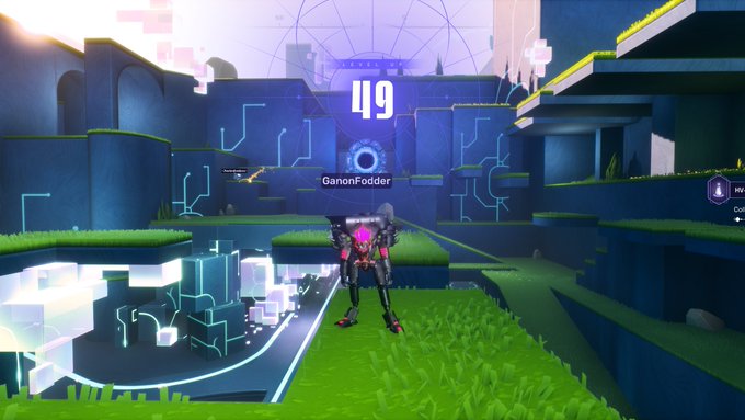 A character named GanonFodder stands in a futuristic environment with the number 49 displayed prominently above, indicating they are nearing level 50.