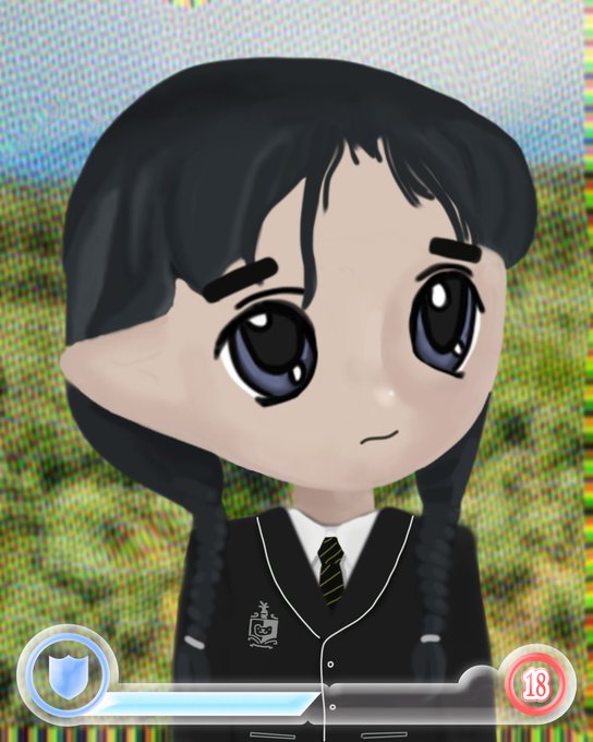 An avatar from a video game or virtual world features a character with large dark eyes, black hair in pigtails, and a black school uniform, with an "18" age rating icon visible.