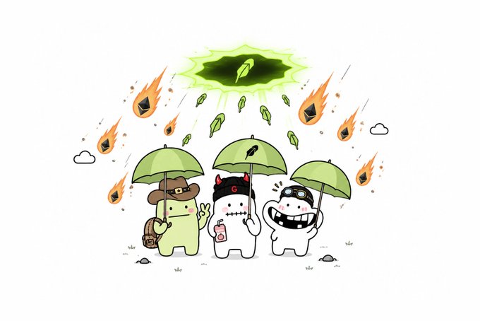 A cartoon illustration depicting three characters with animal-like and monster-like features holding green umbrellas to shield themselves from a green tear in the sky raining down falling leaves and flaming meteors.