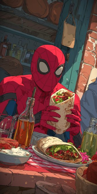 A comic-style illustration of Spider-Man sitting at a table eating a wrap, with another wrap, a bottle, and bowls of food on the table.