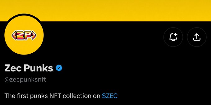 A Twitter/X profile for "Zec Punks" (@zecpunksnft), displaying a yellow circular logo with "ZP" in pixel art style, describes itself as "The first punks NFT collection on $ZEC," aligning with the accompanying post highlighting this Zcash-based NFT project with a supply of 1,555.