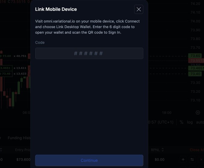 A "Link Mobile Device" dialog box from Variational (omni.variational.io) is displayed over a trading chart showing the C73.5515 asset around the $73.40-$73.60 price range, prompting the user to enter a 6-digit code to connect their desktop wallet to a mobile device.