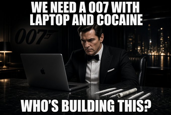 A meme image featuring a man in a tuxedo (resembling James Bond) working at a laptop with lines of white powder on the desk, captioned 'WE NEED A 007 WITH LAPTOP AND COCAINE' at the top and 'WHO'S BUILDING THIS?' at the bottom.