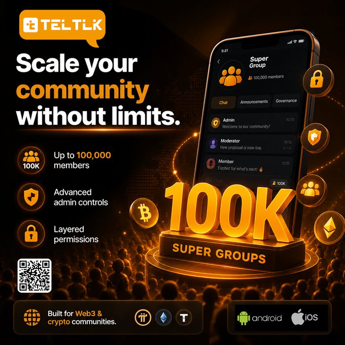 A sleek, dark-toned promotional graphic for TELTLK advertising "100K Super Groups" that allow communities to host up to 100,000 members with advanced admin controls and layered permissions, featuring a smartphone mockup showing a chat interface with roles like Admin, Moderator, and Member, alongside Bitcoin and Ethereum logos highlighting its Web3 focus for both Android and iOS.
