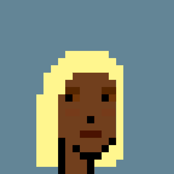 A simple pixel art portrait showing a person with dark brown skin, blonde hair, and minimal facial features against a solid gray background.