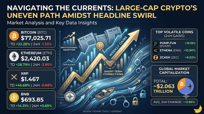 An infographic titled 'NAVIGATING THE CURRENTS: LARGE-CAP CRYPTO'S UNEVEN PATH AMIDST HEADLINE SWIRL' showing prices for BTC ($77,025.71), ETH ($2,420.03), XRP ($1.467), and BNB ($693.85), alongside top gainers like PUMP.FUN (+19.19%) and a global market cap of ~$2.063 Trillion.