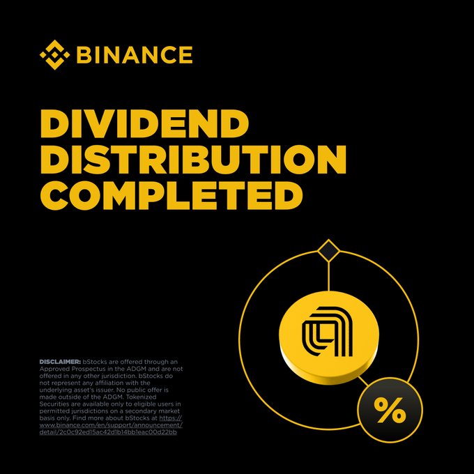 A Binance announcement graphic with a black background and yellow text reading "DIVIDEND DISTRIBUTION COMPLETED" alongside the Binance logo and a stylized coin graphic featuring a percent symbol. The image accompanies news that Applied Materials bStock (AMATB) holders have received a $0.53 USD per share dividend, distributed as additional AMATB tokens in their Spot Wallets.