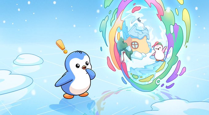 The image features a cartoon penguin standing on ice with its head tilted back as if surprised or confused by an object behind it. The background of the image shows a blue sky filled with snowflakes, creating a snowy atmosphere. In the foreground, there is a small house and a person holding a trading card in their hand. The post about Pudgy Penguins trading cards at Target seems to be related to this scene, as it suggests that the penguin's reaction could be due to receiving or seeing a trading card from someone else.