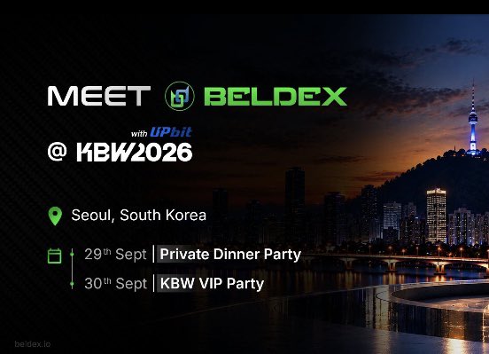 A promotional graphic for 'MEET BELDEX with UPbit @ KBW2026' in Seoul, South Korea, featuring a nighttime cityscape with N Seoul Tower, listing events on 29th Sept Private Dinner Party and 30th Sept KBW VIP Party.
