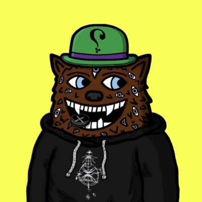 A digital illustration shows a brown werewolf character with multiple eyes, a wide grin, and a green bowler hat with a question mark, wearing a black hoodie.