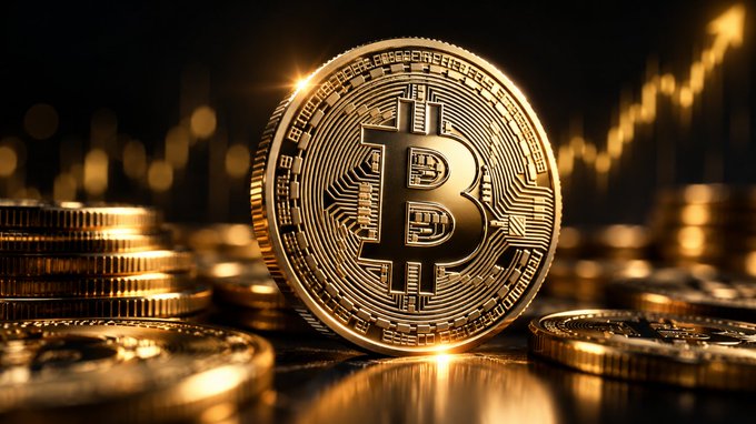 A close-up digital rendering of a gold Bitcoin coin resting on a reflective surface, surrounded by stacks of other coins, with a stylized candlestick graph visible in the background.