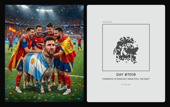 A digital artwork shows Spanish soccer players in red jerseys celebrating on a confetti-strewn field, with a goat wearing an Argentina flag (a nod to Messi) among them. The accompanying graphic reads "DAY #7019" dated 07.19.25 with the caption "CONGRATS TO SPAIN BUT MESSI STILL THE GOAT," playfully congratulating Spain's victory while declaring Messi the Greatest Of All Time alongside a partial pixelated portrait of Beeple.