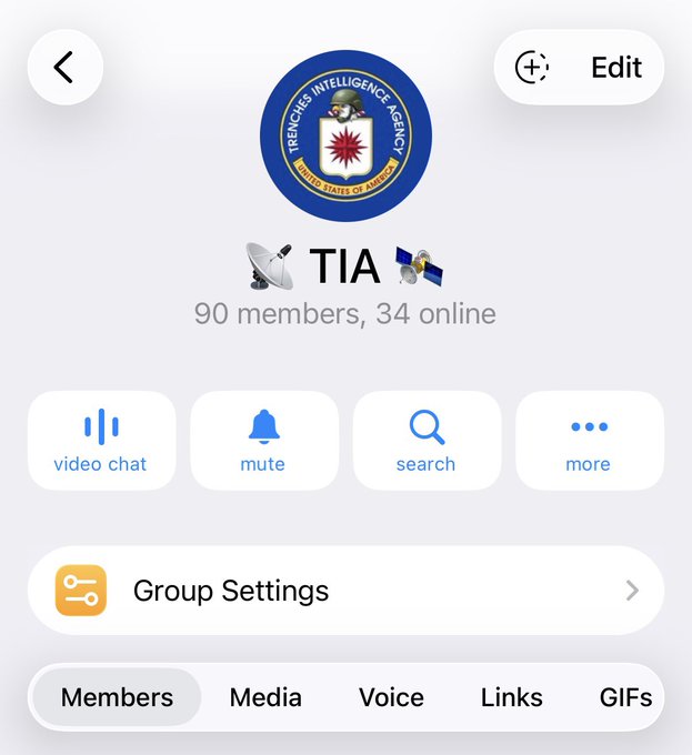 A mobile app screen shows a group named 'TIA' featuring the 'TERRENCIAS INTELLIGENCE AGENCY' logo, with text indicating '90 members, 34 online' and buttons for video chat and group settings.
