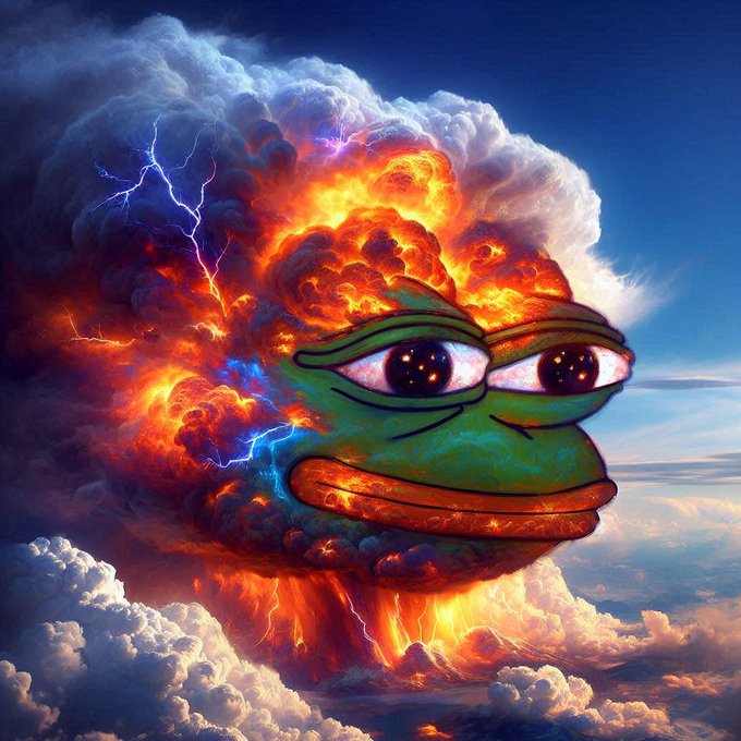 A surreal digital artwork of a green frog's face with large, glistening eyes, set against a dramatic backdrop of an erupting volcano, fiery clouds, and lightning in the sky.