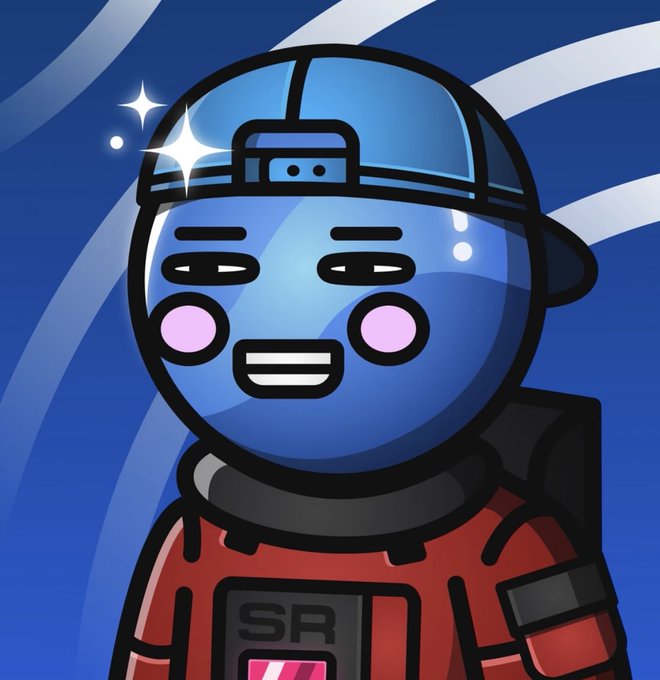 A digital illustration shows a stylized blue character wearing a backwards cap and a red spacesuit with "SR" visible, smiling against a blue background.