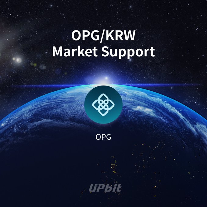 A promotional graphic from Upbit announcing KRW market trading support for OpenGradient (OPG), featuring the OPG logo against a cosmic Earth backdrop with the heading "OPG/KRW Market Support," "OPG" token label, and the Upbit branding.