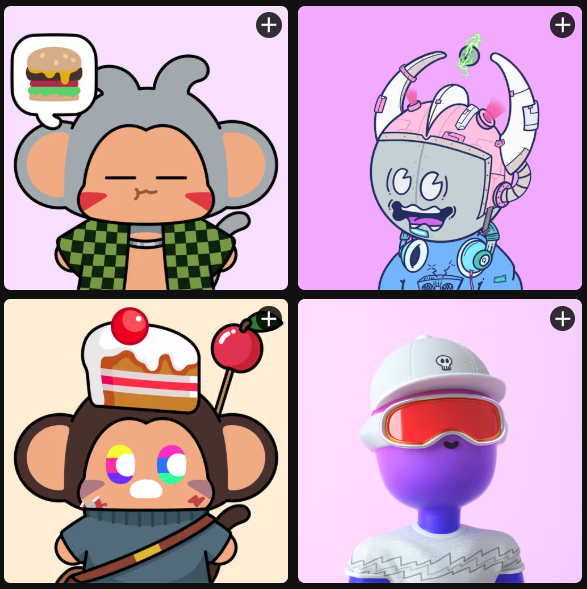 A 2x2 grid displays four cartoon character designs, including a gray bear thinking about a burger, a blue horned robot, a monkey with a cake hat, and a purple figure wearing a cap and red ski goggles.