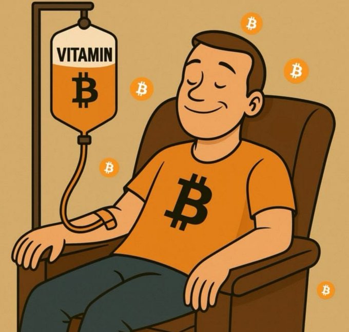A peaceful cartoon man in an orange Bitcoin-logo shirt receives an IV drip labeled "VITAMIN ₿," with floating ₿ symbols surrounding him, humorously depicting Bitcoin as a soothing supplement to help him relax before bed.