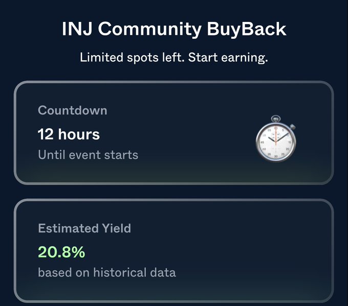 A dark dashboard screen for 'INJ Community BuyBack' showing a 12-hour countdown and an estimated yield of 20.8% based on historical data.